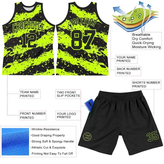Custom Black Neon Green Splash Round Neck Sublimation Basketball Suit Jersey