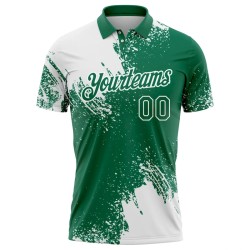 Custom White Kelly Green 3D Pattern Design Abstract Brush Stroke Performance Polo Shirt