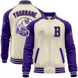 Custom Cream Black Purple-White Bomber Varsity Letterman Two Tone Zipper Jacket
